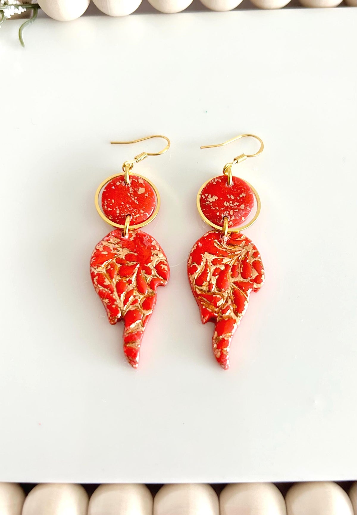Fire Year Earrings, Red and Gold Flames, Lightweight Clay Drop Dangles