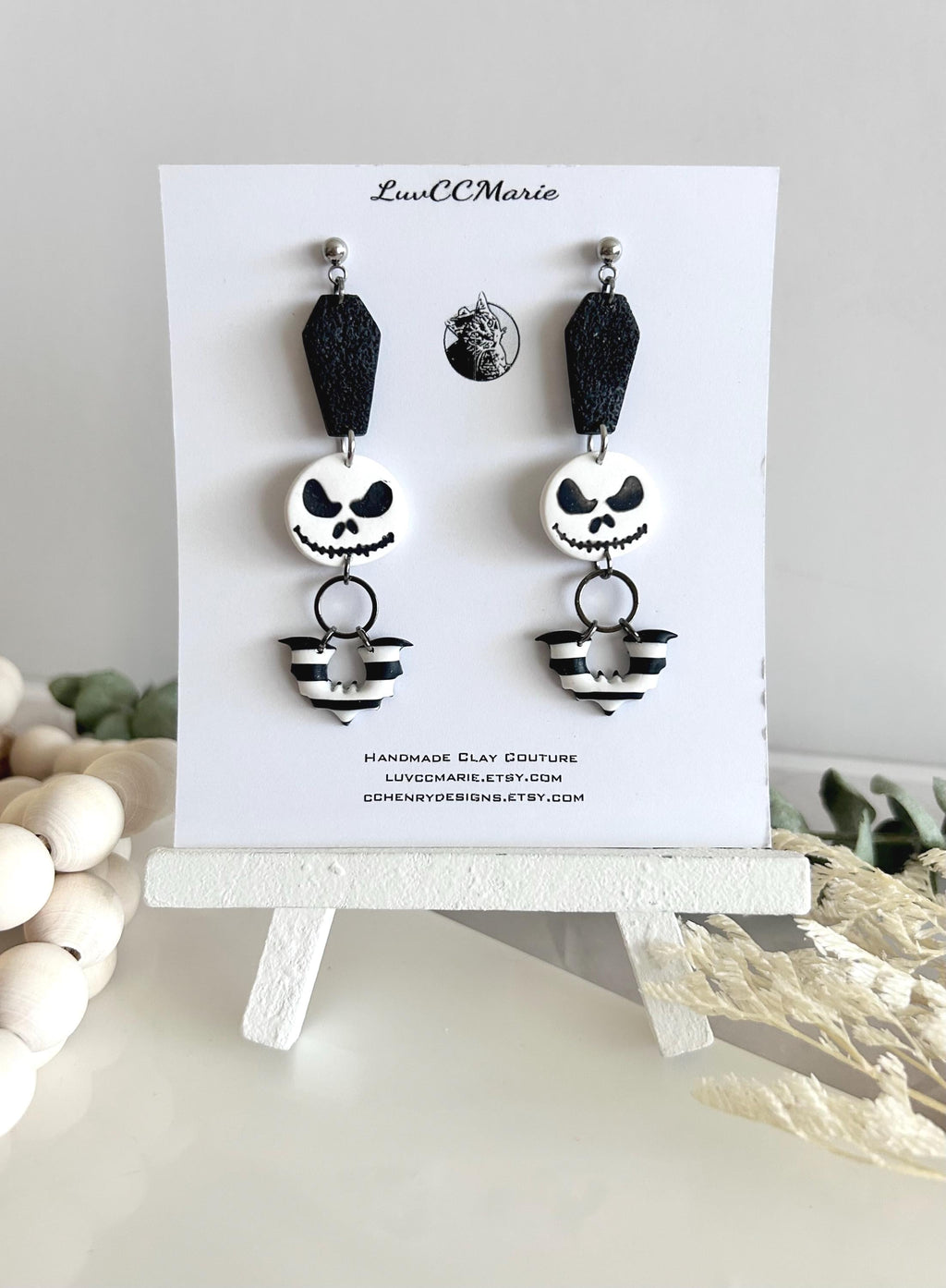 Handmade Clay Halloween Earrings, Black and White Skull Dangles, Jack Coffin Bat
