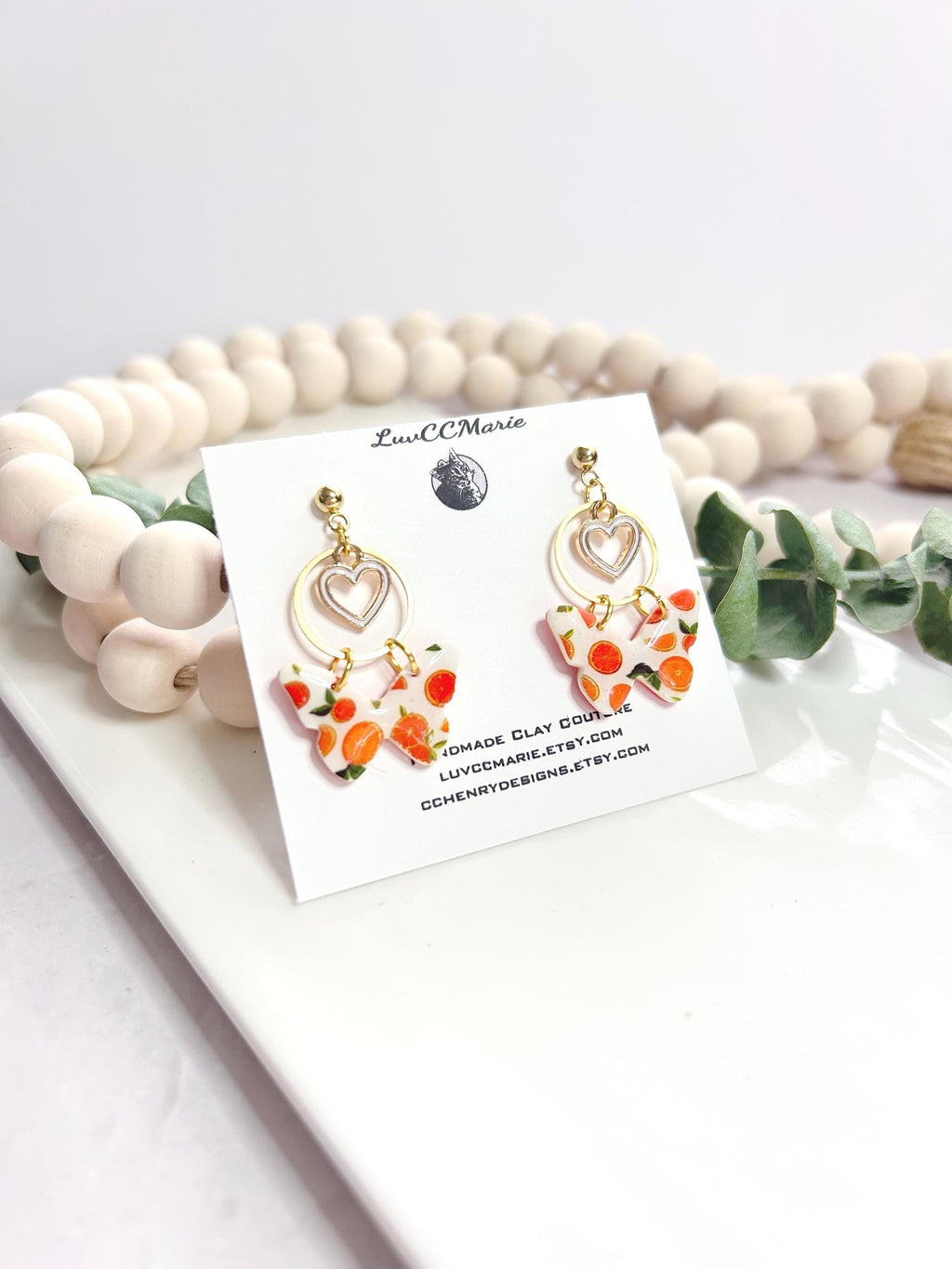 Handmade Orange Butterfly Clay Earrings: Boho Heart Charm Dangles
