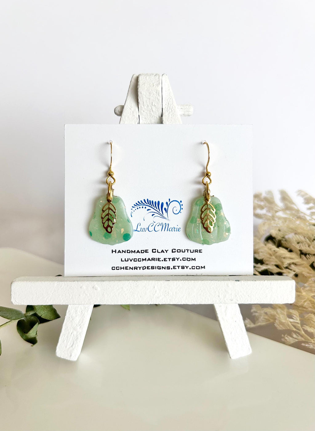 Mint Green Polka Dot Pear Clay Earrings, Pastel Opal Dangles, Handmade Fashion Boho Jewelry