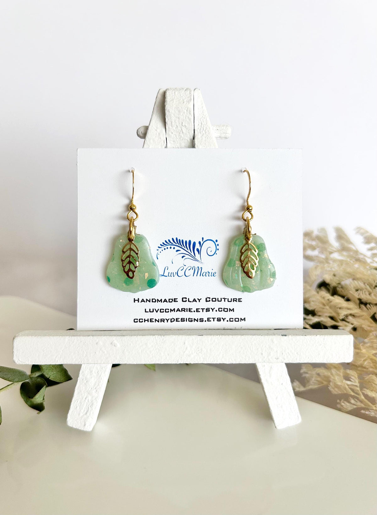 Mint Green Polka Dot Pear Clay Earrings, Pastel Opal Dangles, Handmade Fashion Boho Jewelry