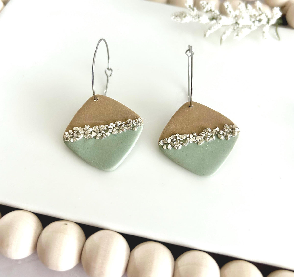 Sage & Latte Dangles, Clay and Glass Dangle Earrings, Neutral Hoops, Handmade Fashion Boho Jewelry