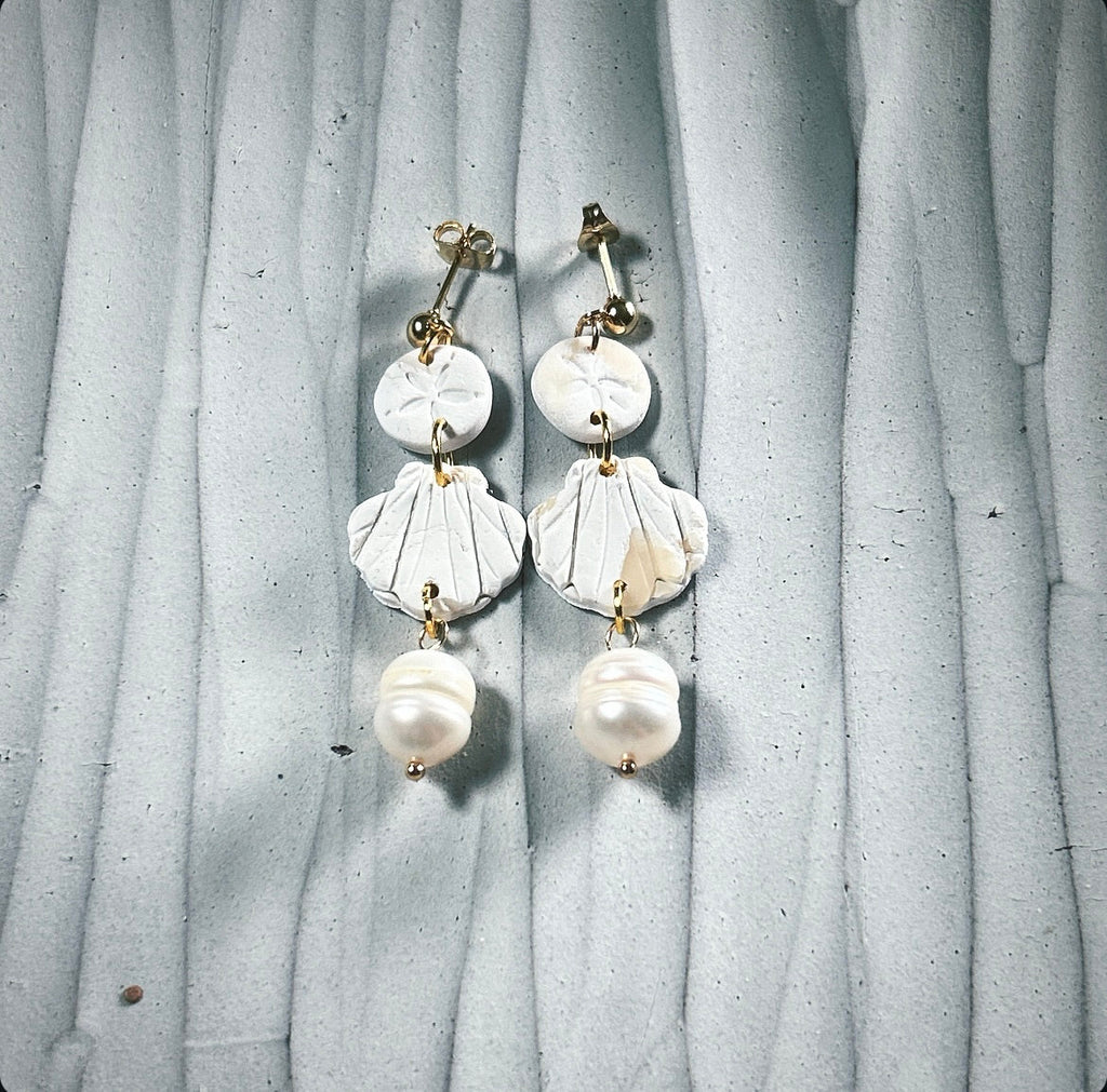 Sea Shell Earrings Clay Dangles, Seashell, Sand Dollar & Pearl Handmade Fashion Boho Jewelry