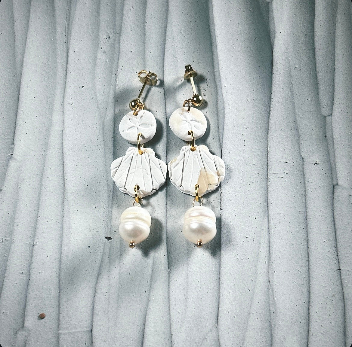 Sea Shell Earrings Clay Dangles, Seashell, Sand Dollar & Pearl Handmade Fashion Boho Jewelry