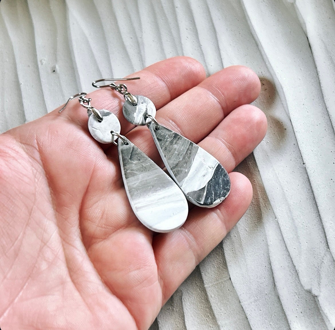 Black and White Marbled Earrings, Stainless Steel Clay Dangles, Boho Jewelry