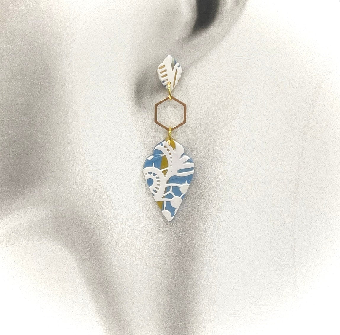 White Lace Clay Earrings, Navy Blue & Gold Dangles, Handmade Wedding Gift for the Bride