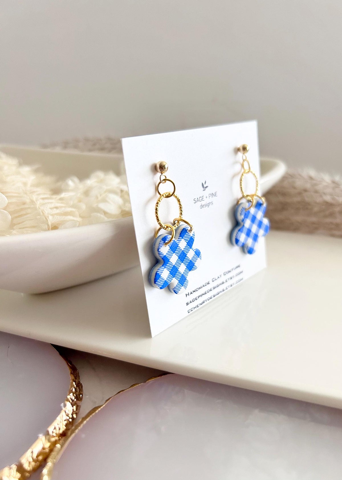 Yellow and Gold Daisy Gingham Clay Earrings, Plaid Dangles, Lightweight Hypoallergenic