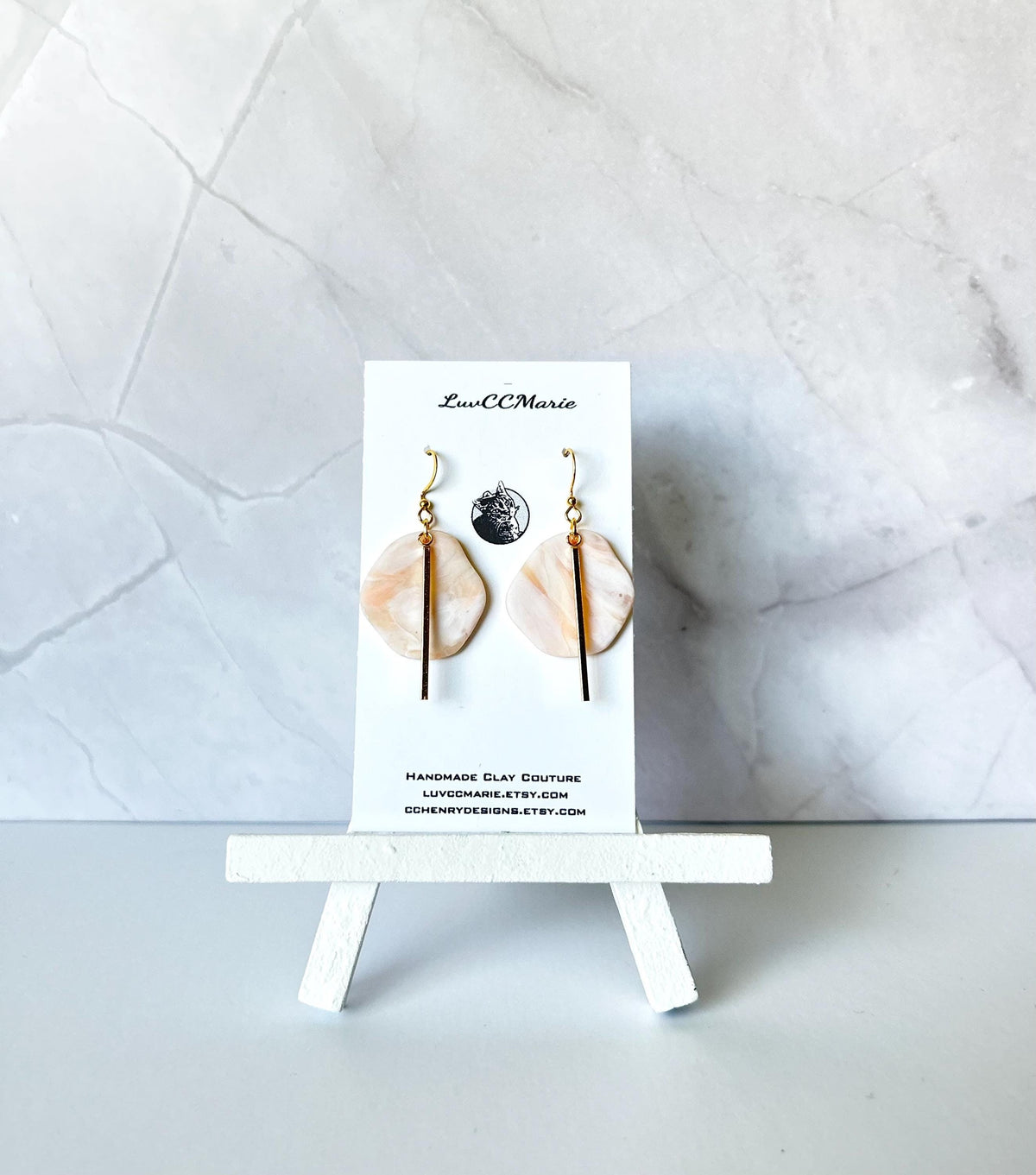 Peach and White Hoop Charm Dangle Earrings, Handmade Clay Jewelry Gift