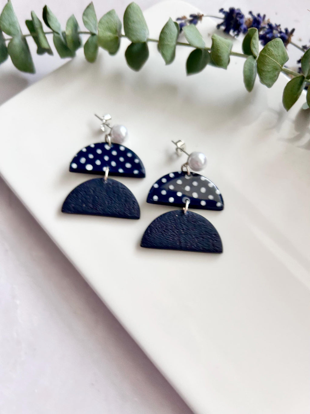 Navy Blue Handmade Polka Dot Clay Dangle Earrings: Retro Boho Pearl Studs