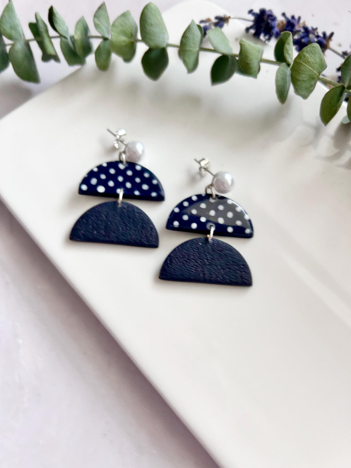 Navy Blue Handmade Polka Dot Clay Dangle Earrings: Retro Boho Pearl Studs