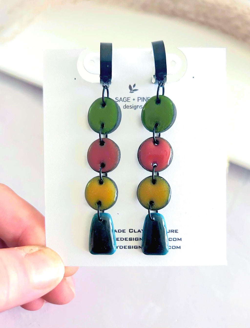 Olive Mustard Huggie Hoops, Bold Modern Earrings, Black Clay Dangles, Handmade Lightweight