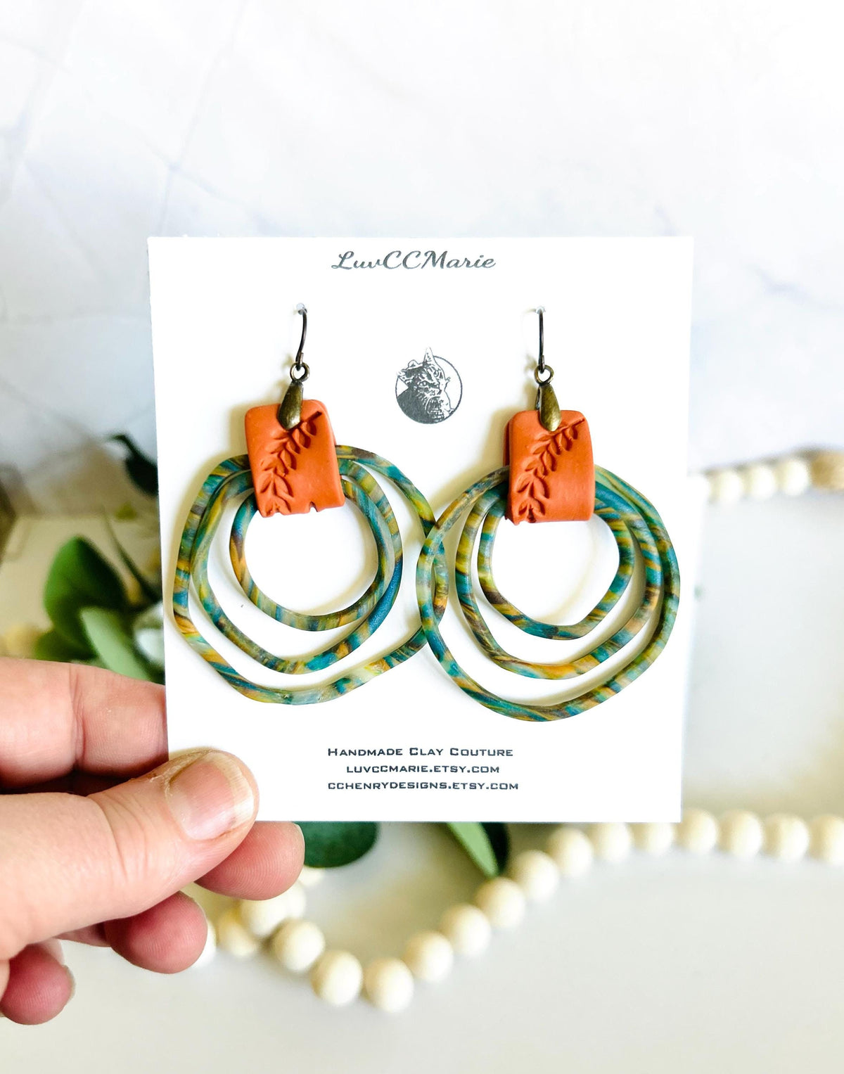Striped Clay Hoop Dangles, Boho Statement Clay Earrings