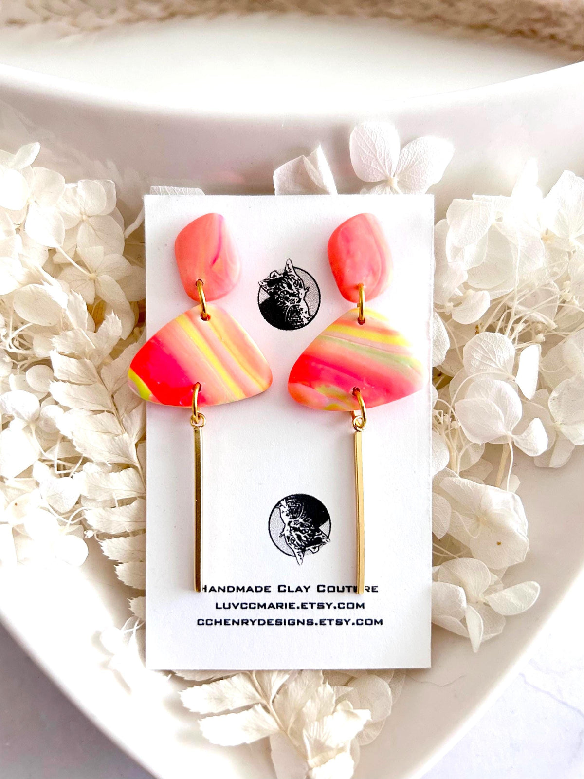 Neon Earrings, Gold Bar Dangles, Hypoallergenic Clay, Lightweight Jewelry