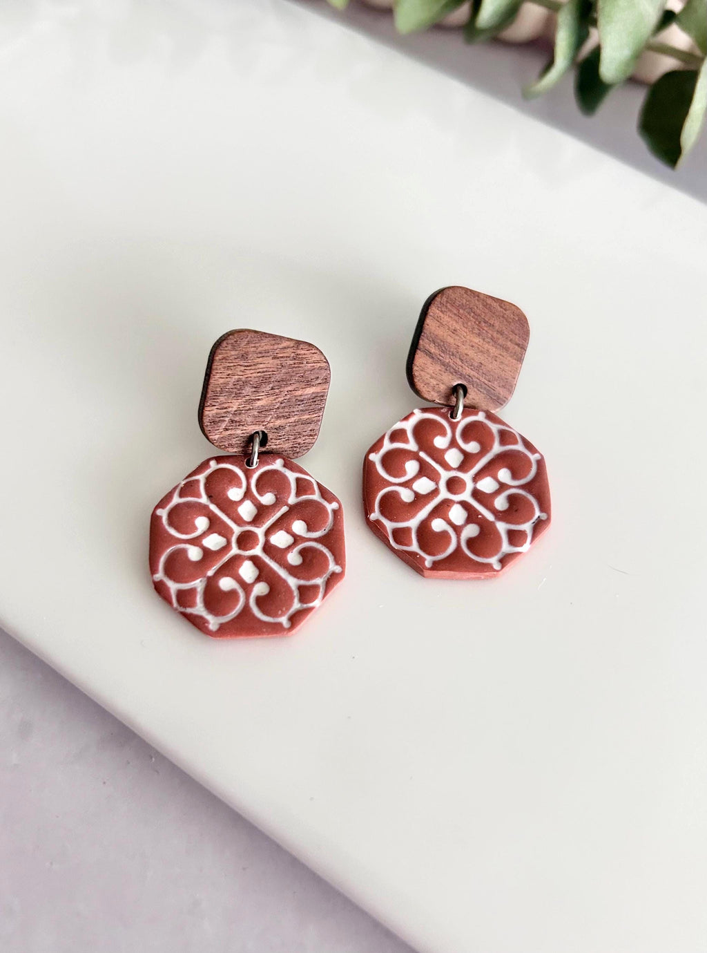 Mexican Tile Terracotta Earrings, Brown and White Clay & Wood Drop Stud Dangles, Handmade Jewelry