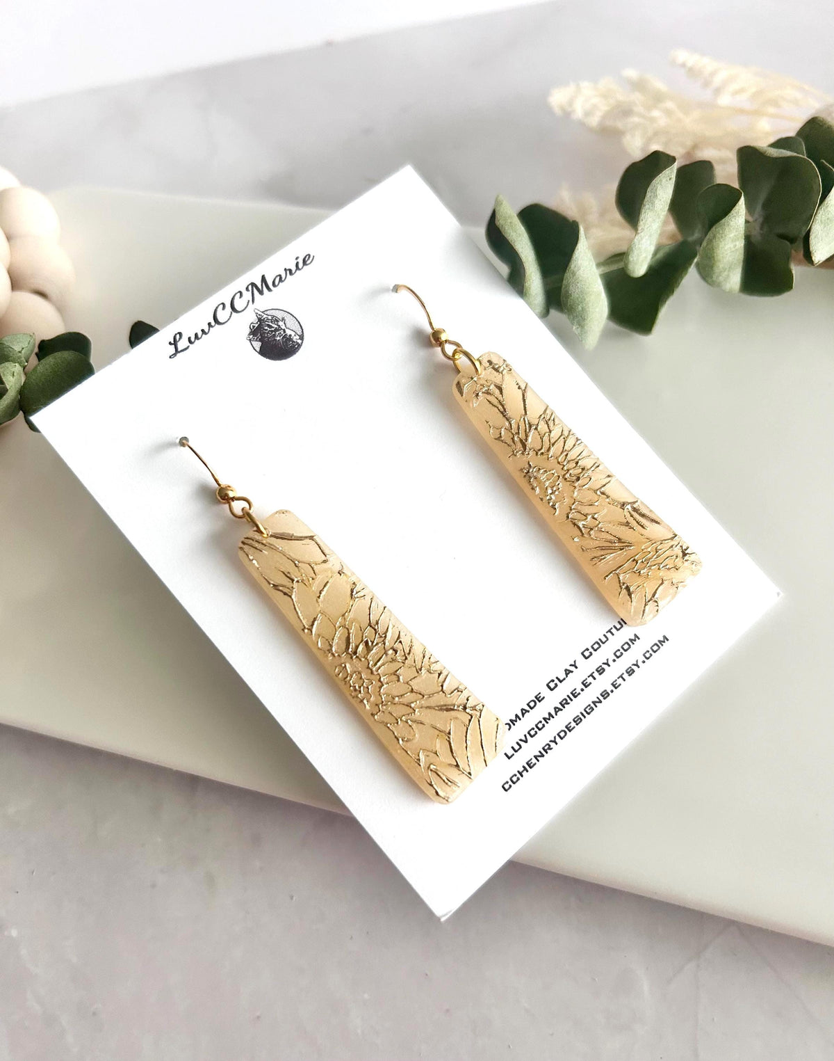 Sunflower Earrings, Bar Dangles, Gold and Cream, Handmade Lightweight Hypoallergenic Jewelry