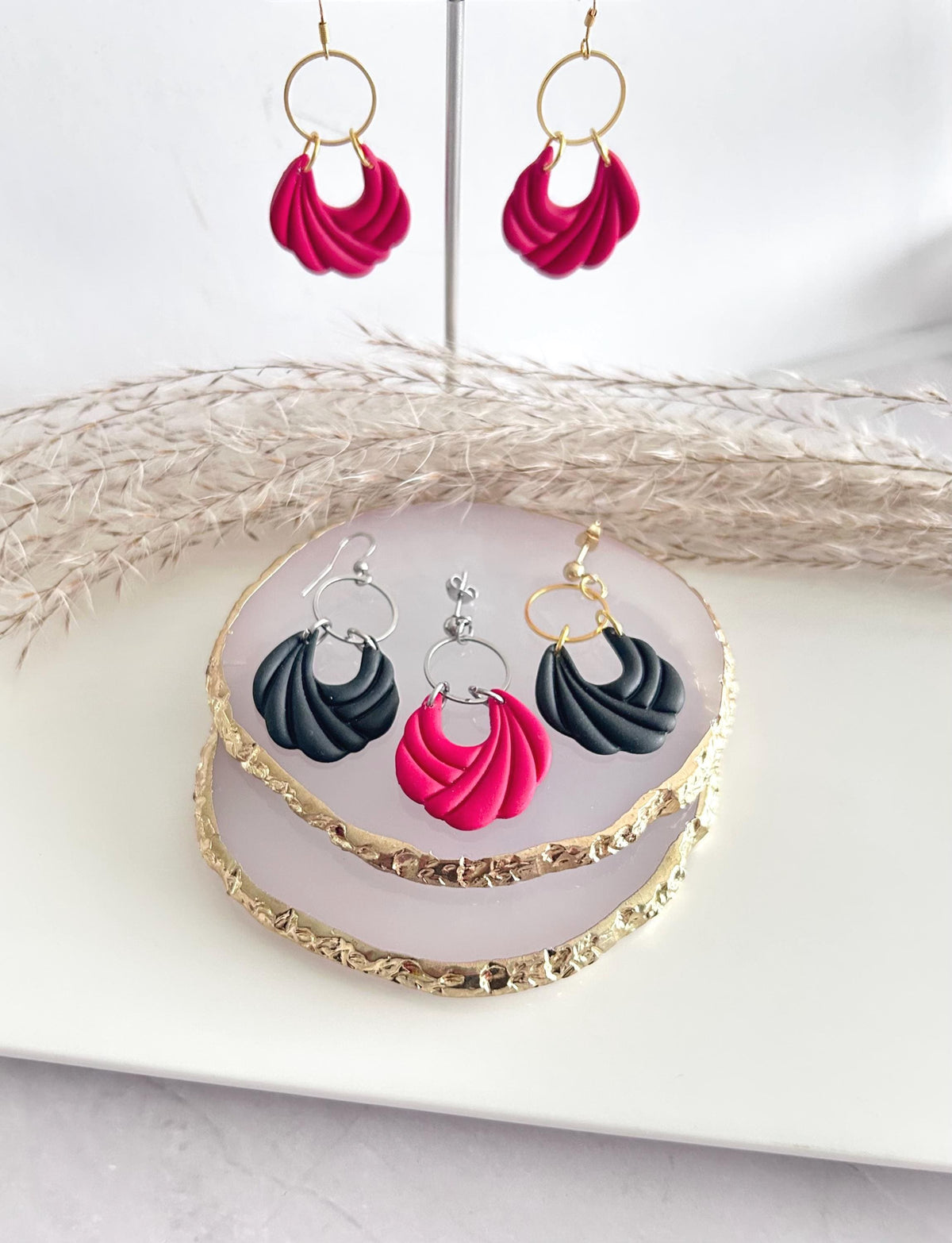 Vibrant Red Clay Dangle Hoop Earrings, Modern Dangles, Lightweight Handmade Polymer Jewelry