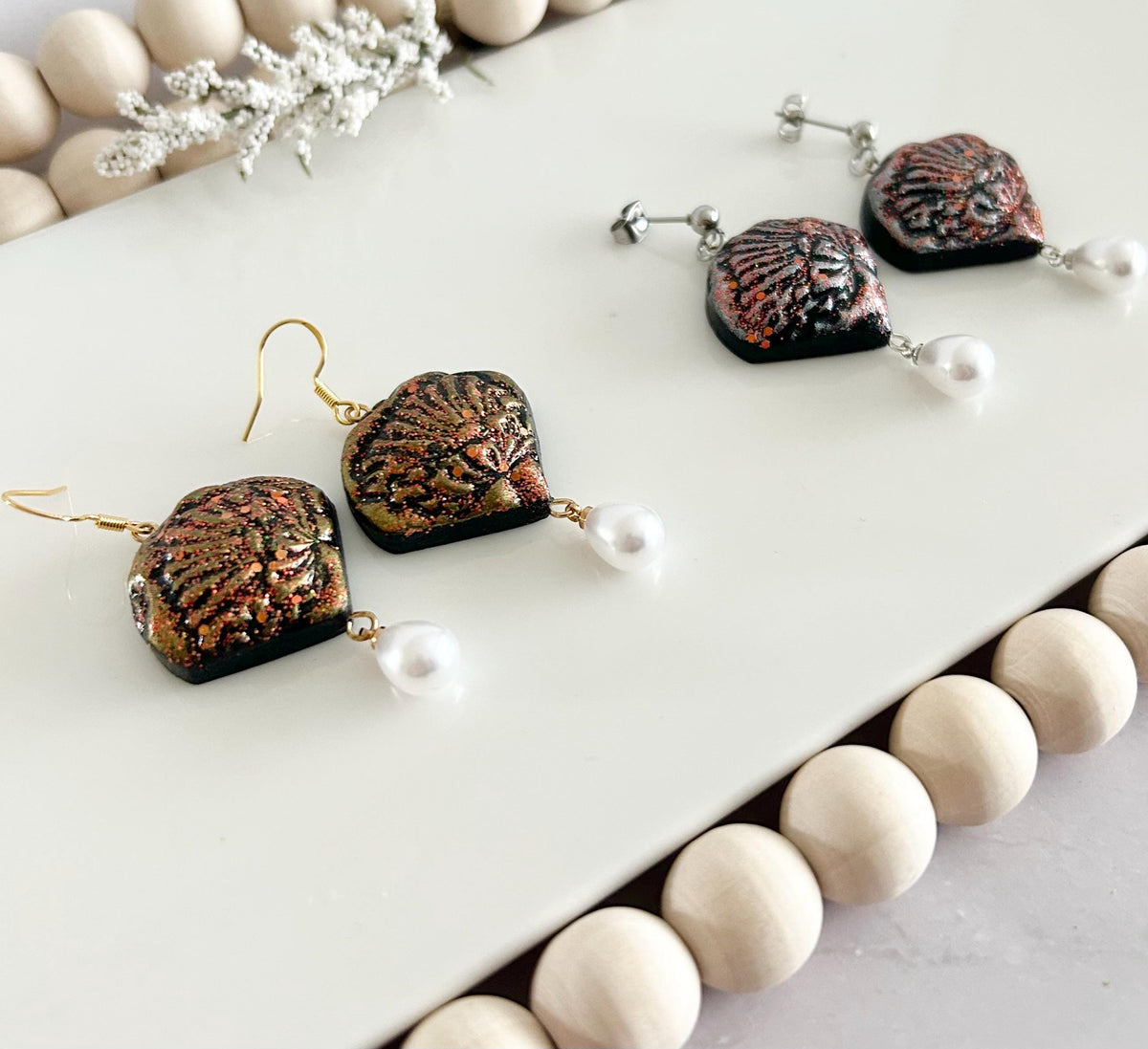 California Poppy Flower Clay Earrings, Abstract Floral Pearl Dangles, Handmade Jewelry Gift for Her