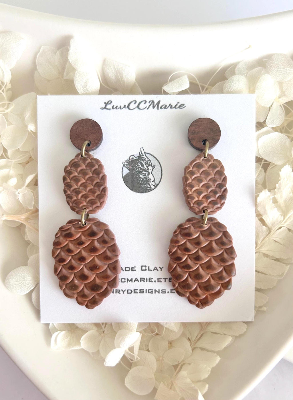Handmade Pine Cone Statement Stud Dangle Earrings: Wood & Clay Fall Boho Jewelry