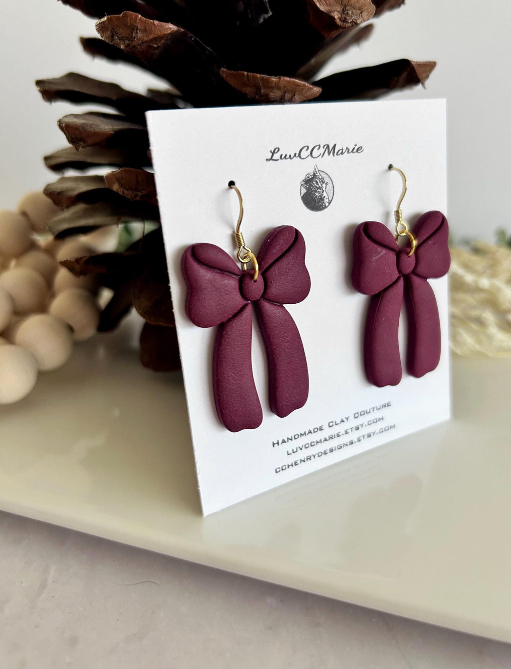 Dark Burgundy Bow Earrings, Fall Statement Hoop Dangles, Maroon Boho Clay Handmade Jewelry