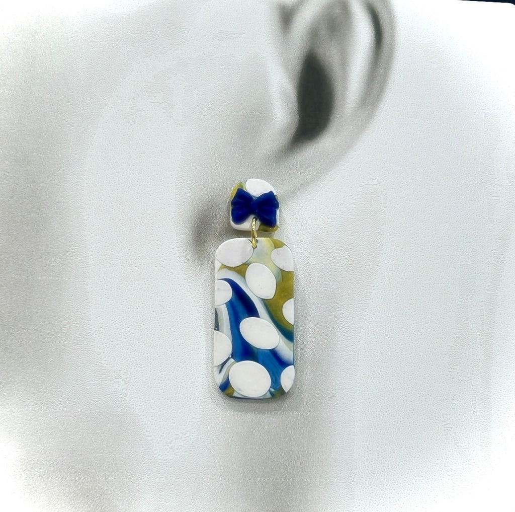 Cobalt Blue Polka Dot Stud Dangles, Gold White Clay Earrings, Handmade Fashion Clay Jewelry