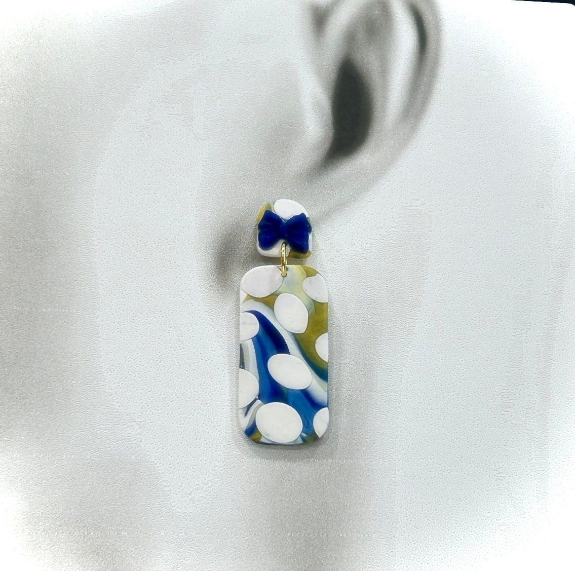 Cobalt Blue Polka Dot Stud Dangles, Gold White Clay Earrings, Handmade Fashion Clay Jewelry