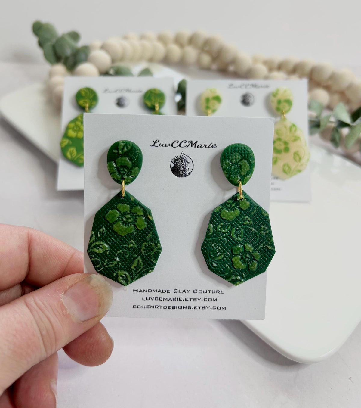 Handmade Green Floral Clay Earrings: Boho Drop Dangles