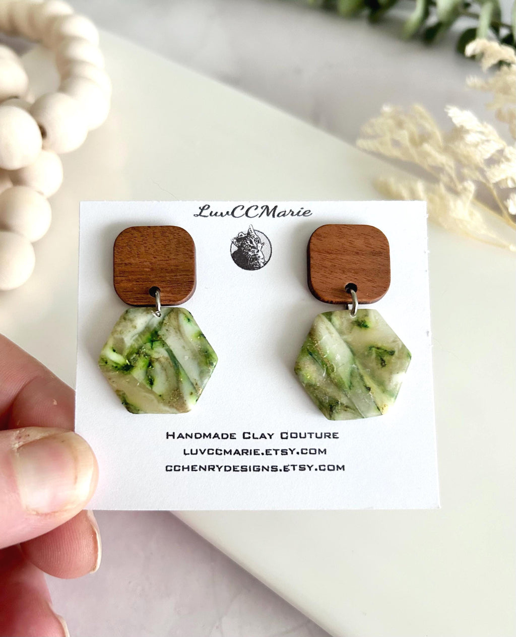 Moss Green Drop Earrings, Olive Army Clay and Wood Lightweight Dangles, Handmade Jewelry Gift
