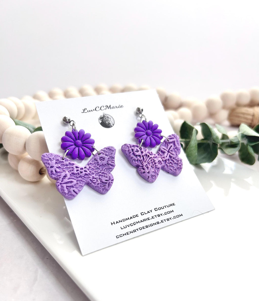 Purple Butterfly Clay Earrings: Handmade Daisy Flower Dangles