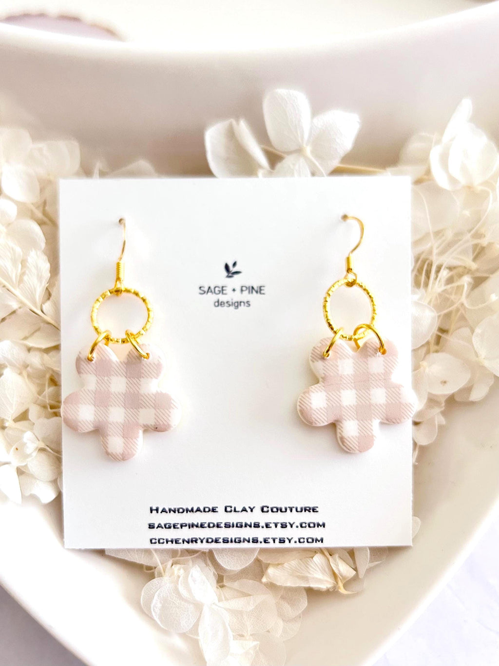 Yellow and Gold Daisy Gingham Clay Earrings, Plaid Dangles, Lightweight Hypoallergenic