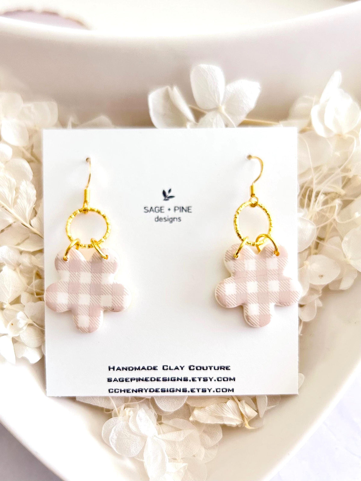 Yellow and Gold Daisy Gingham Clay Earrings, Plaid Dangles, Lightweight Hypoallergenic