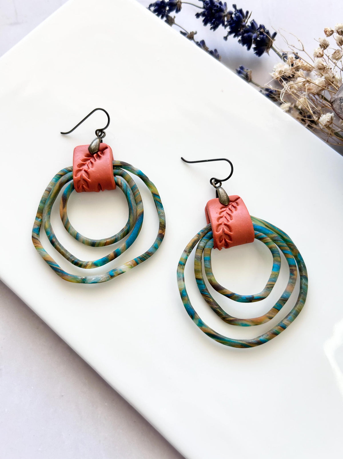 Striped Clay Hoop Dangles, Boho Statement Clay Earrings