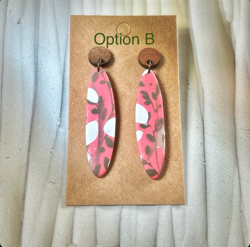 Coral Floral Clay Earrings: Boho Walnut Wood Dangles