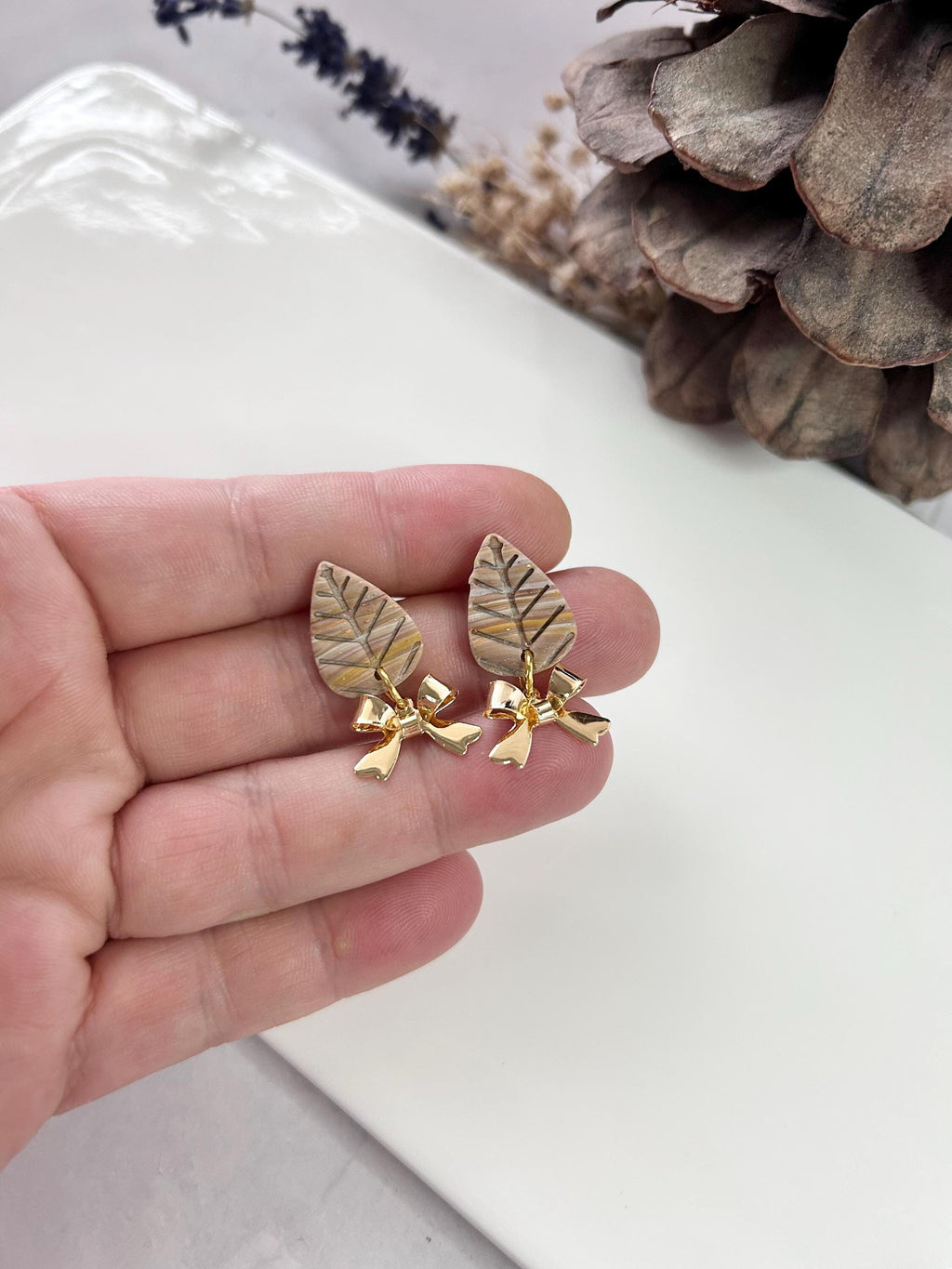 Handmade Leaf Earrings, Neutral Brown Gold Bow Dangles, Boho Lightweight Jewelry