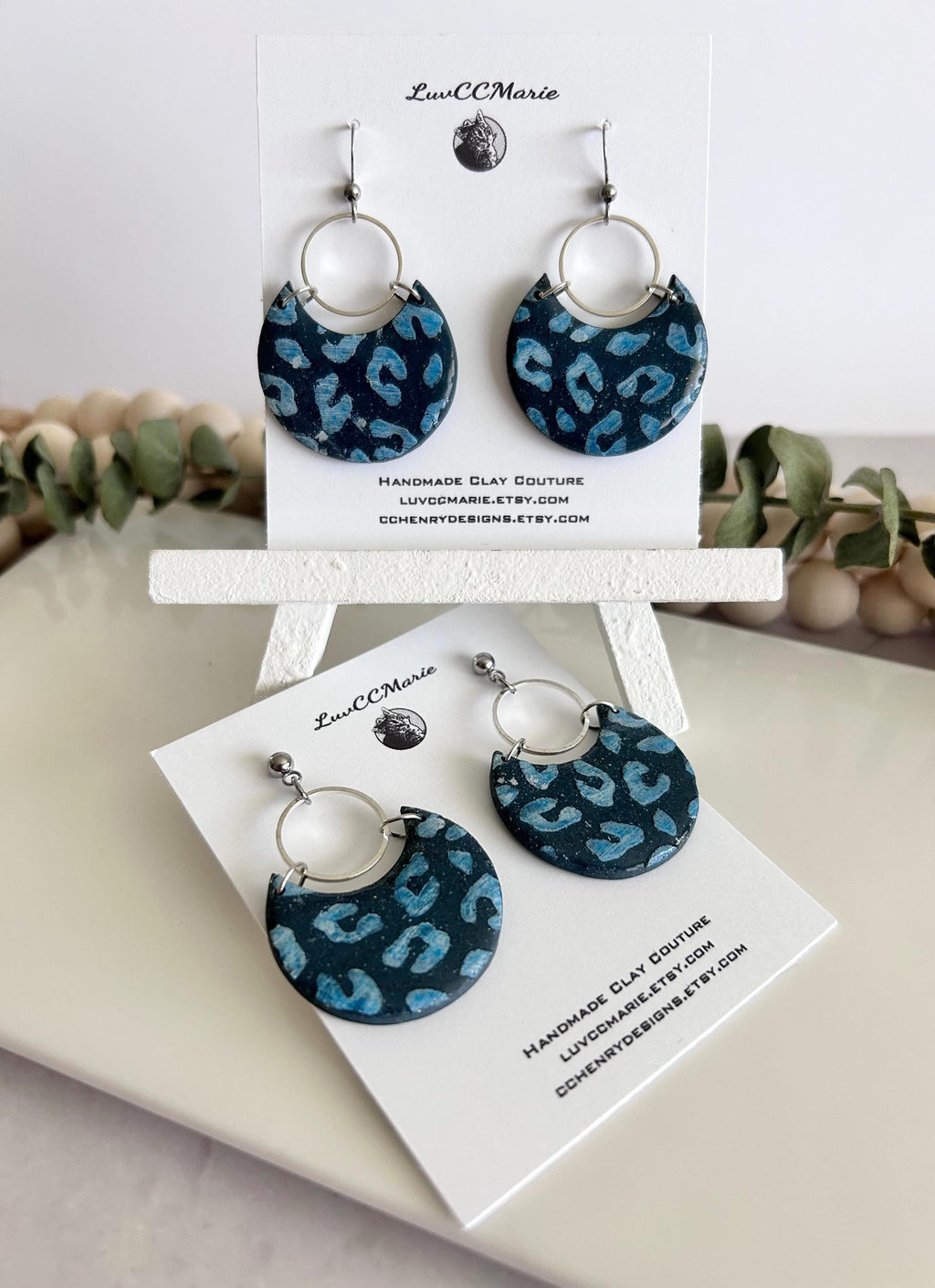 Navy Blue and Silver Leopard Print Clay Earrings, Crescent Moon Hoop Dangles