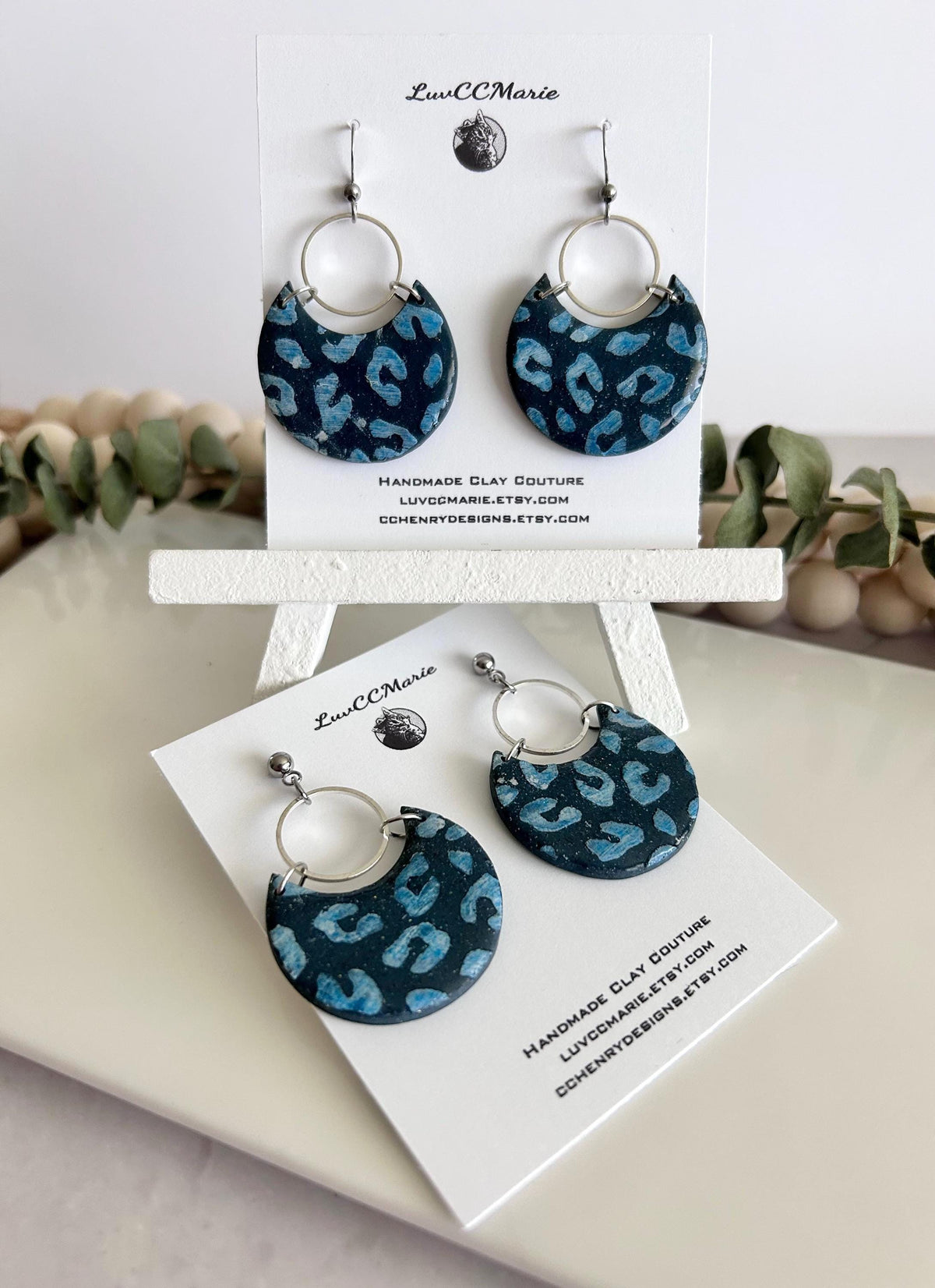 Navy Blue and Silver Leopard Print Clay Earrings, Crescent Moon Hoop Dangles