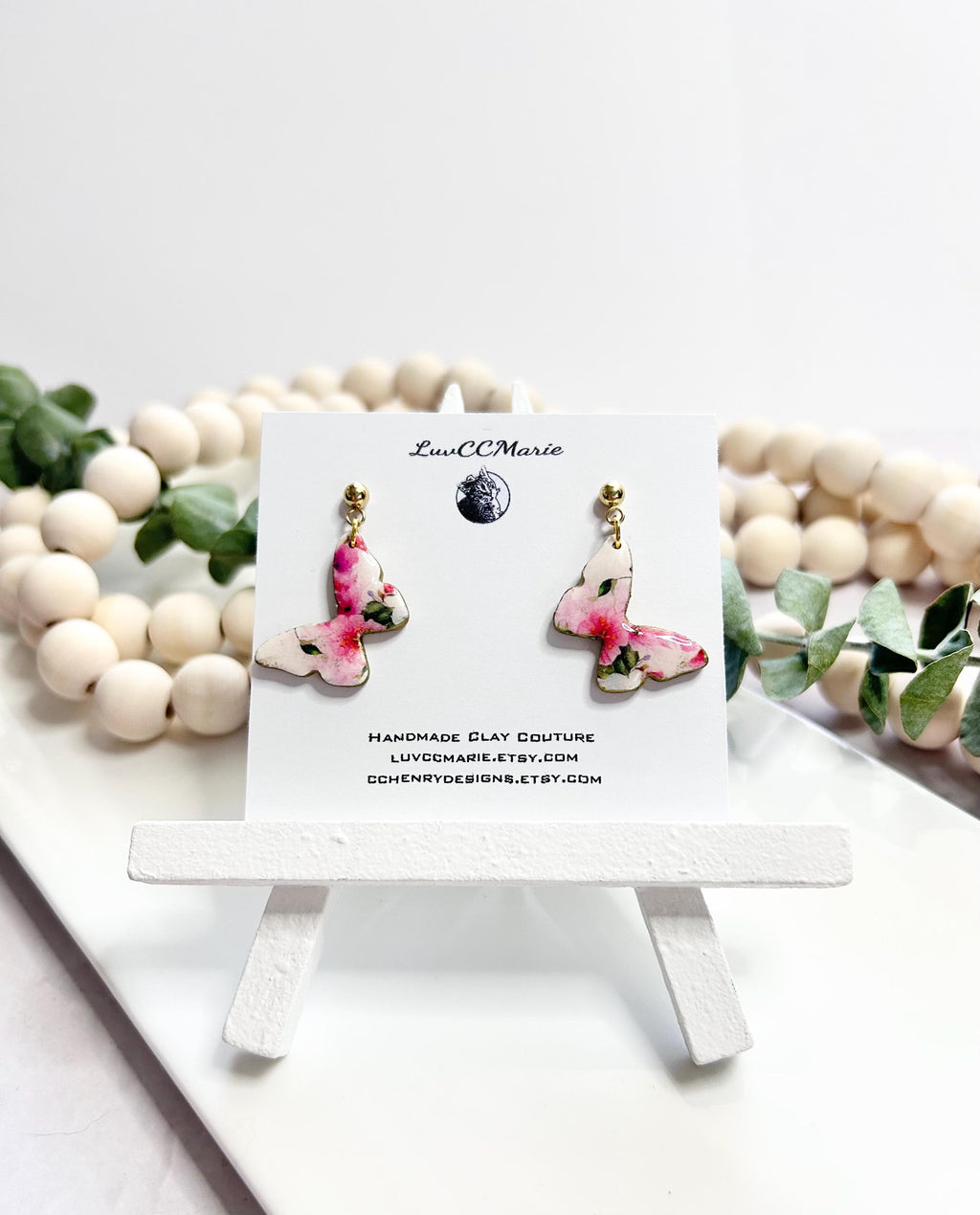 White and Pink Butterfly Earrings, Dainty Dangles, Floral Drops, Handmade Clay Fashion Gift