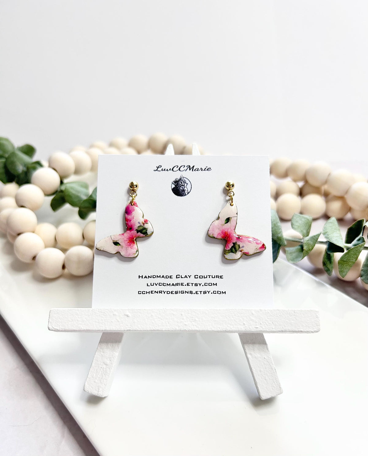 White and Pink Butterfly Earrings, Dainty Dangles, Floral Drops, Handmade Clay Fashion Gift