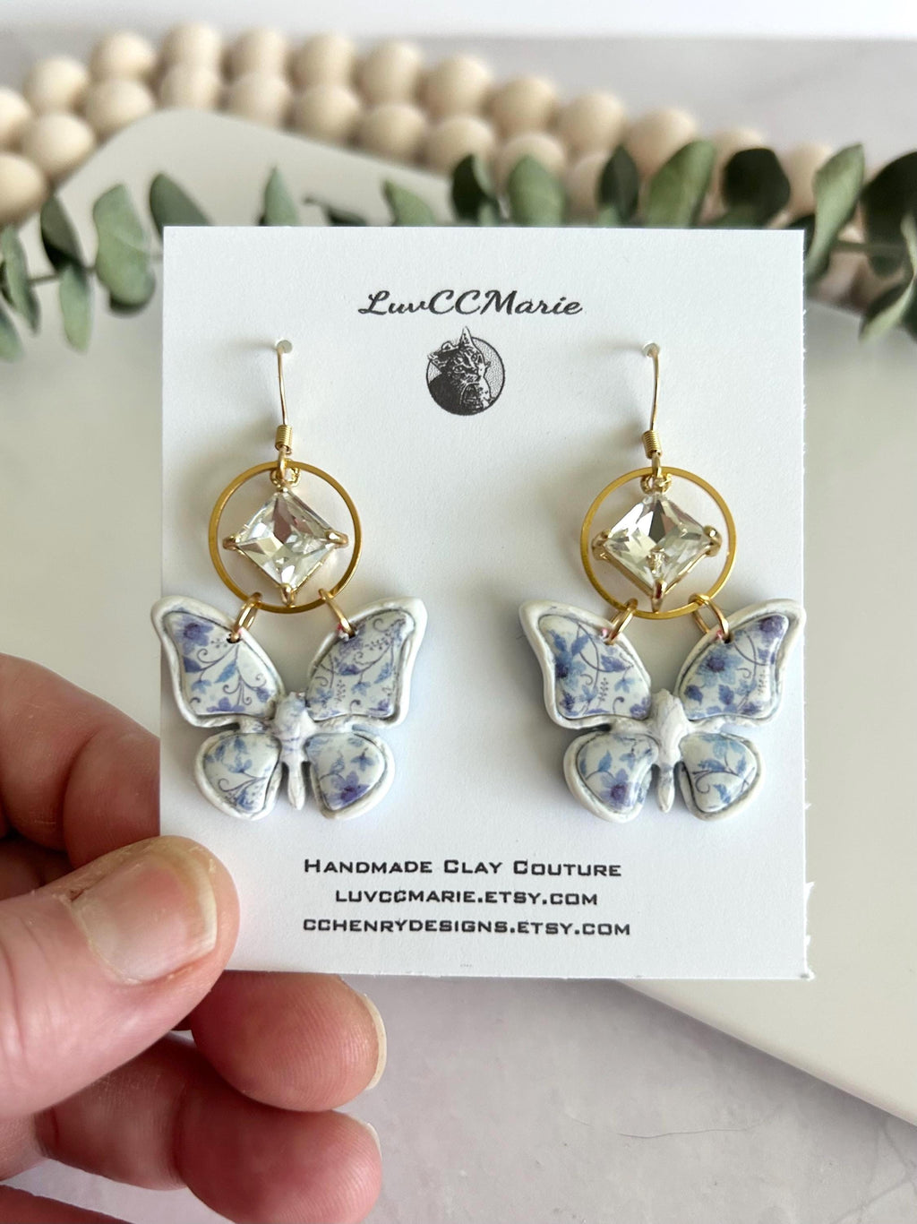 Blue Floral Butterfly Earrings, Chinoiserie Diamond Charm Dangles, Handmade Clay Boho Jewelry