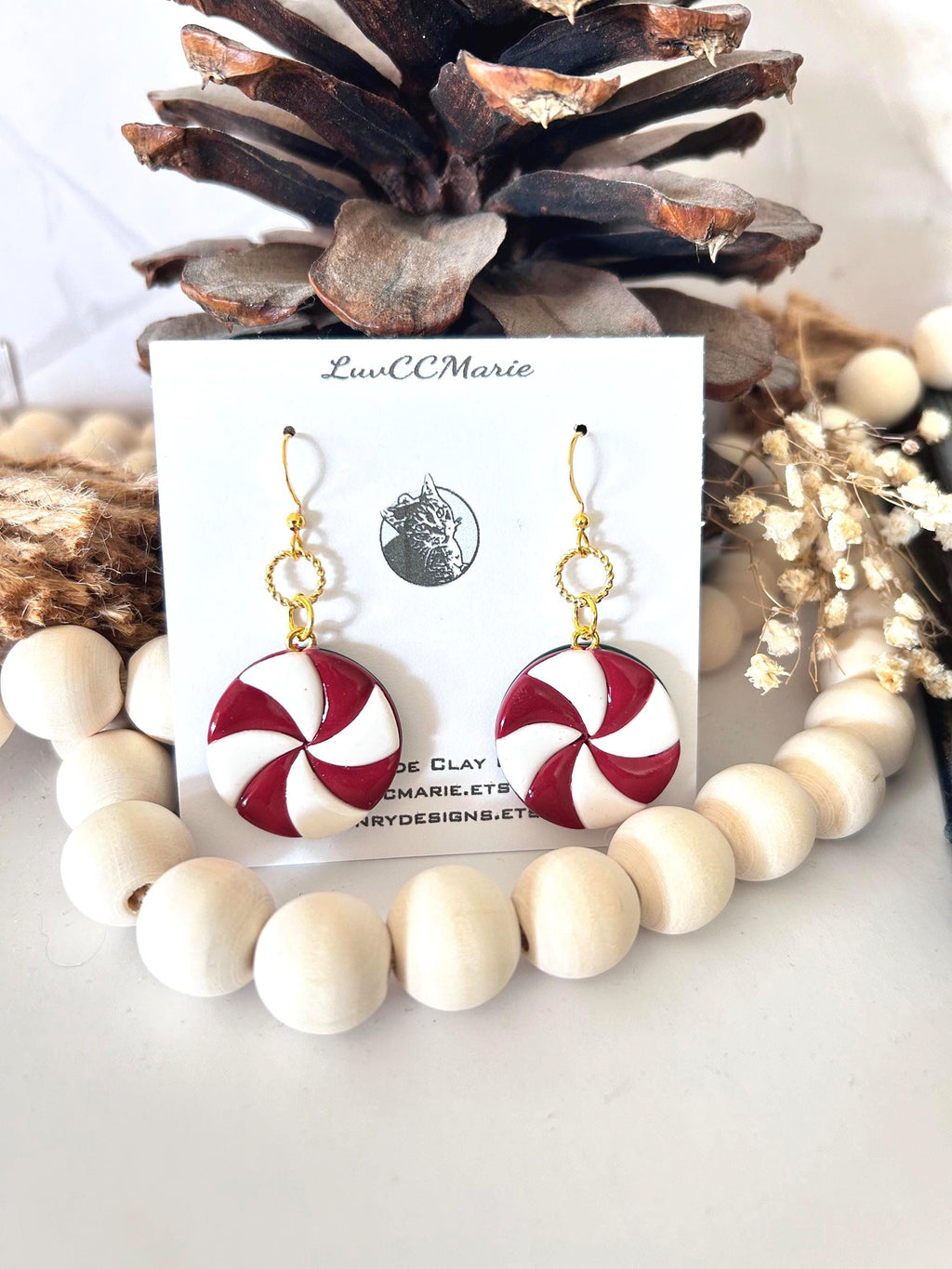 Red and White Peppermint Candy Dangle Earrings, Whimsical Holiday Clay Jewelry, Stocking Stuffers, Foodie Gift