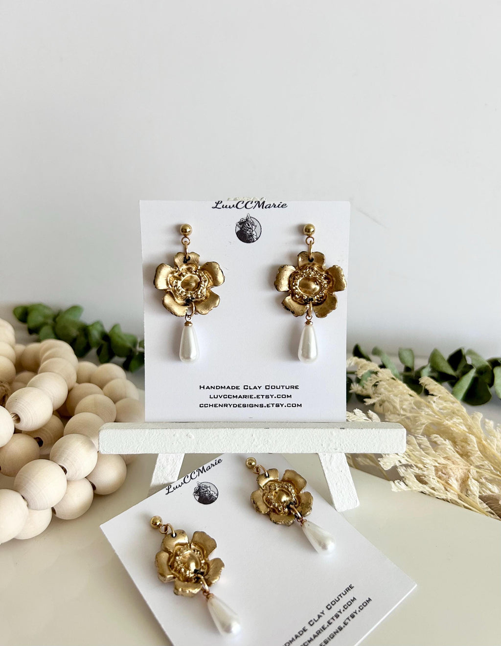 Handmade Pearl Dangle Poppy Earrings, Gold Floral Drop Dangles, Flower Bridal Clay Jewelry