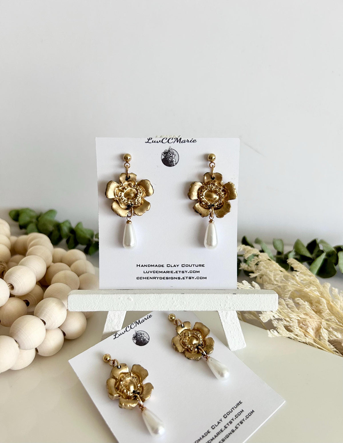 Handmade Pearl Dangle Poppy Earrings, Gold Floral Drop Dangles, Flower Bridal Clay Jewelry