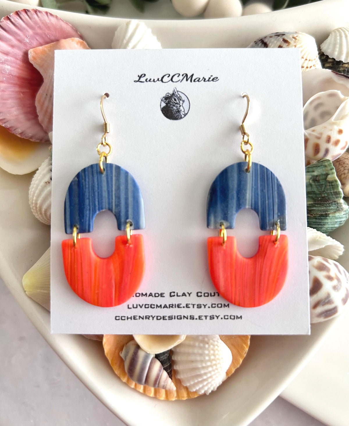 Orange Navy Blue Dangles, Marbled Coral Clay Long Bright Earrings, Neon Summer Drop Handmade