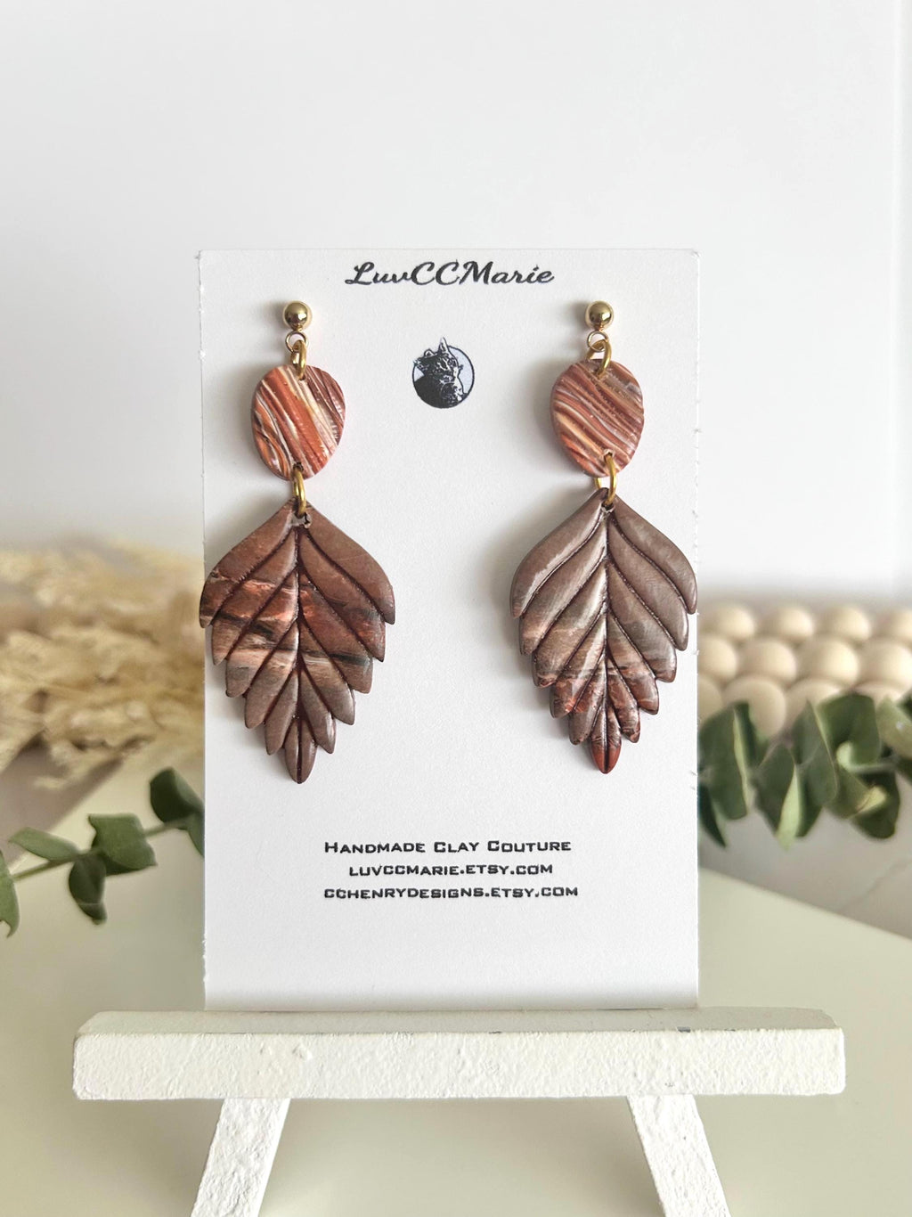 Brown Fall Leaf Earrings, Marbled Dangles, Handmade Clay Autumn Jewelry