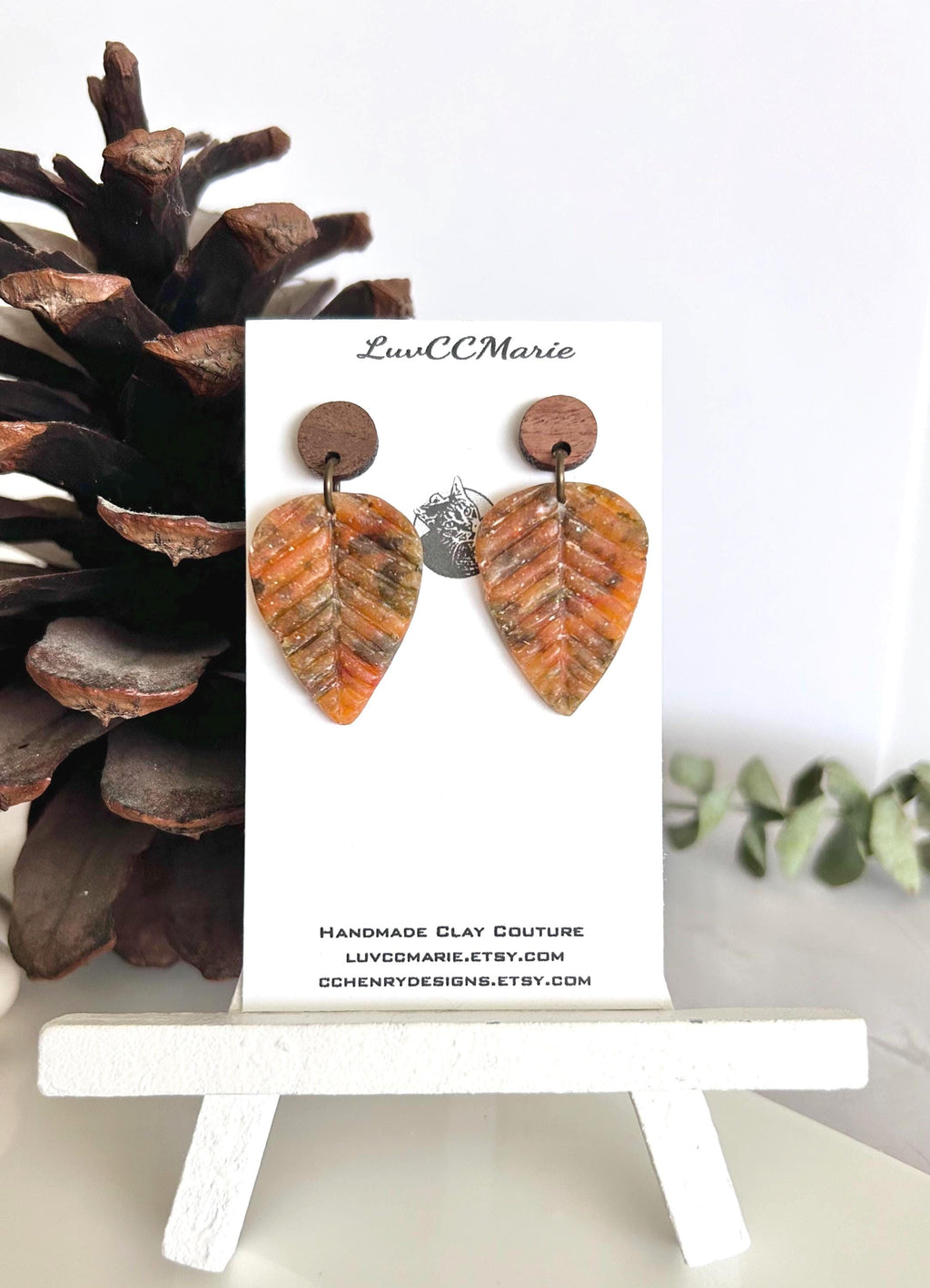 Rustic Autumn Leaves Earrings, Asymmetrical Wood Leaf Dangles, Handmade Lightweight, Colorful Fall Clay Jewelry