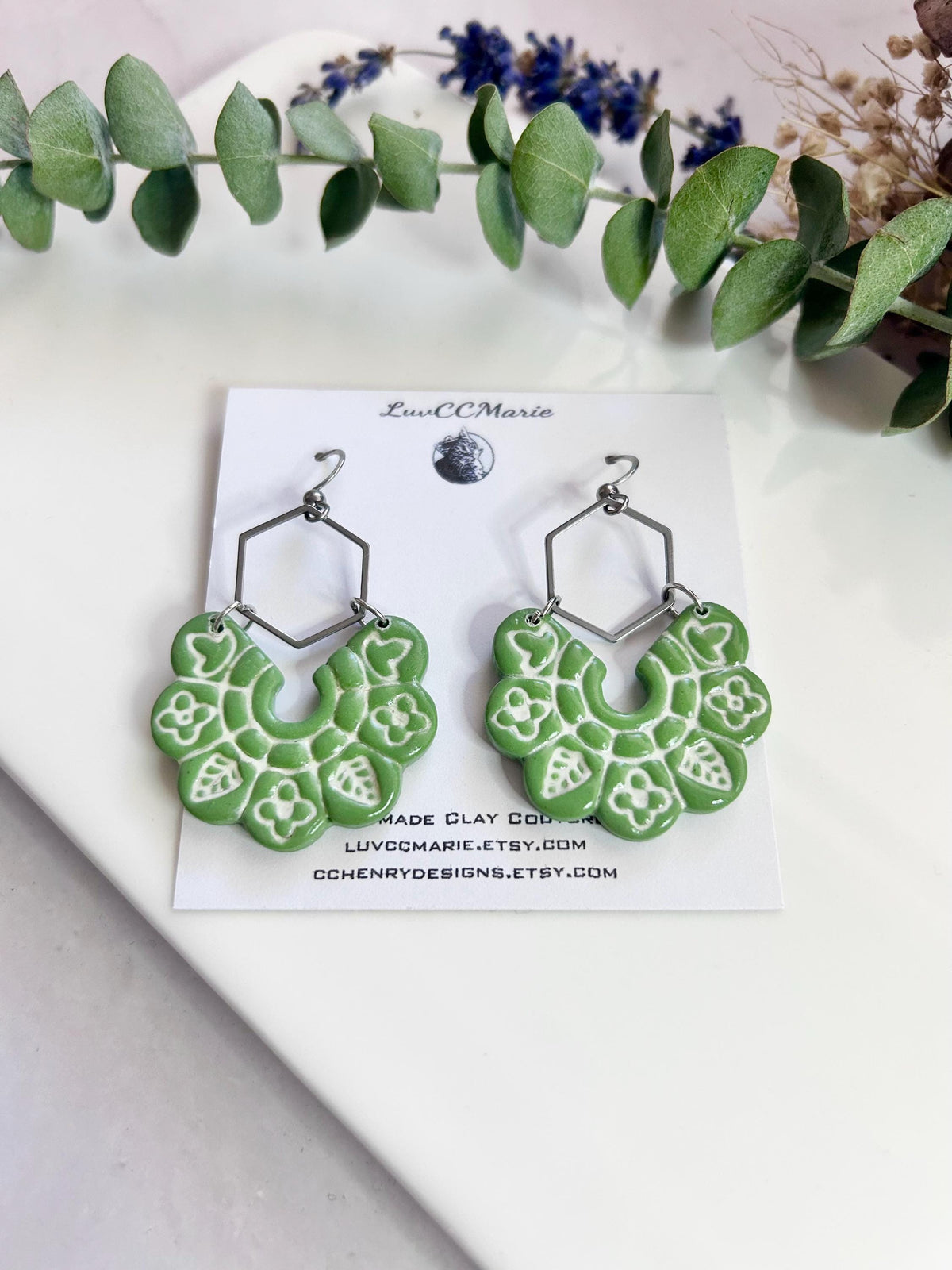 Green Large Earrings with Leaves, Handmade Hoop Long Hanging Modern Drops, Fall Leaf Jewelry