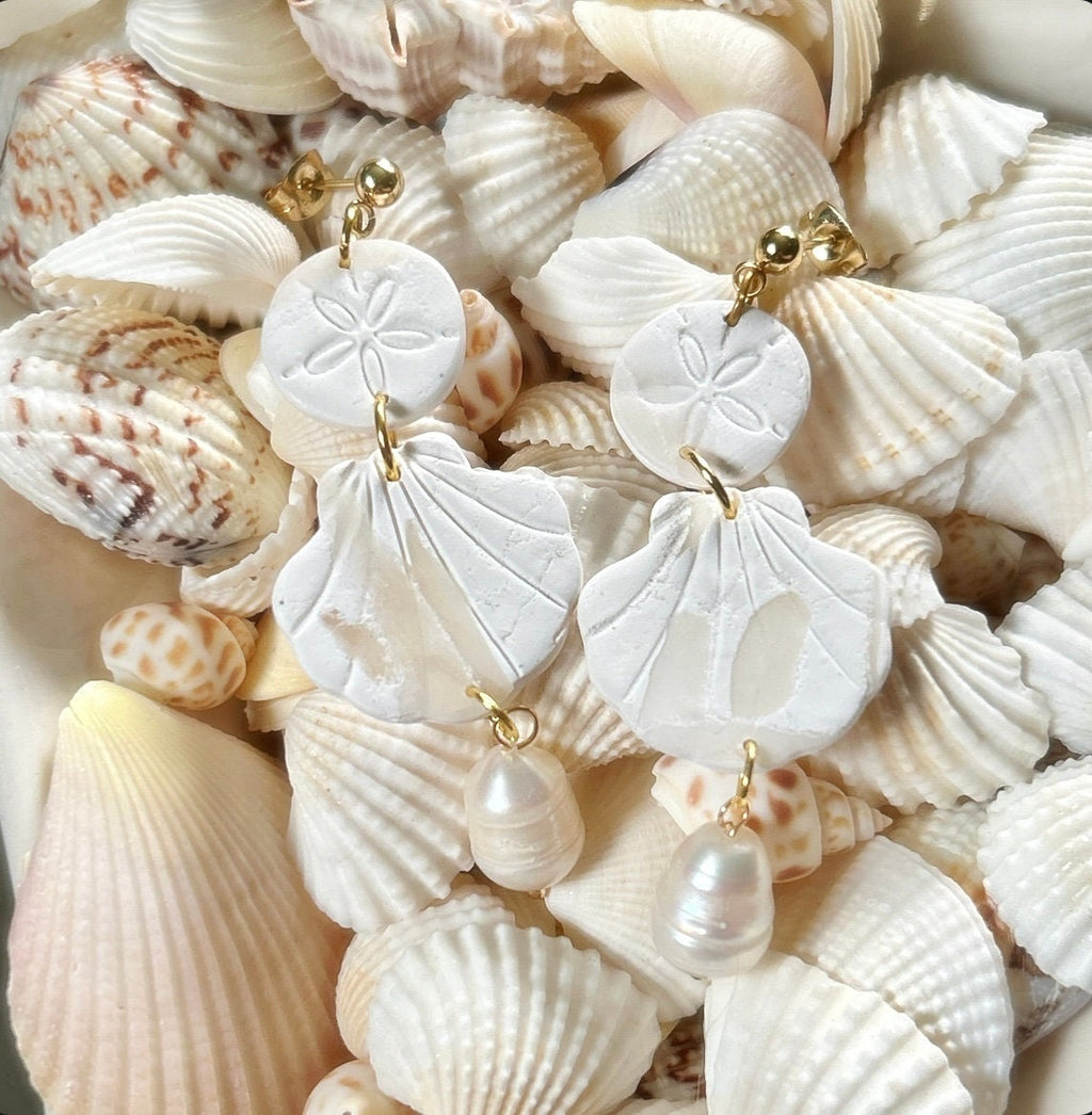 Seashell Earrings, Coastal Vacation Dangles, Beachy Sand Dollar Pearl Handmade Clay Jewelry Gift