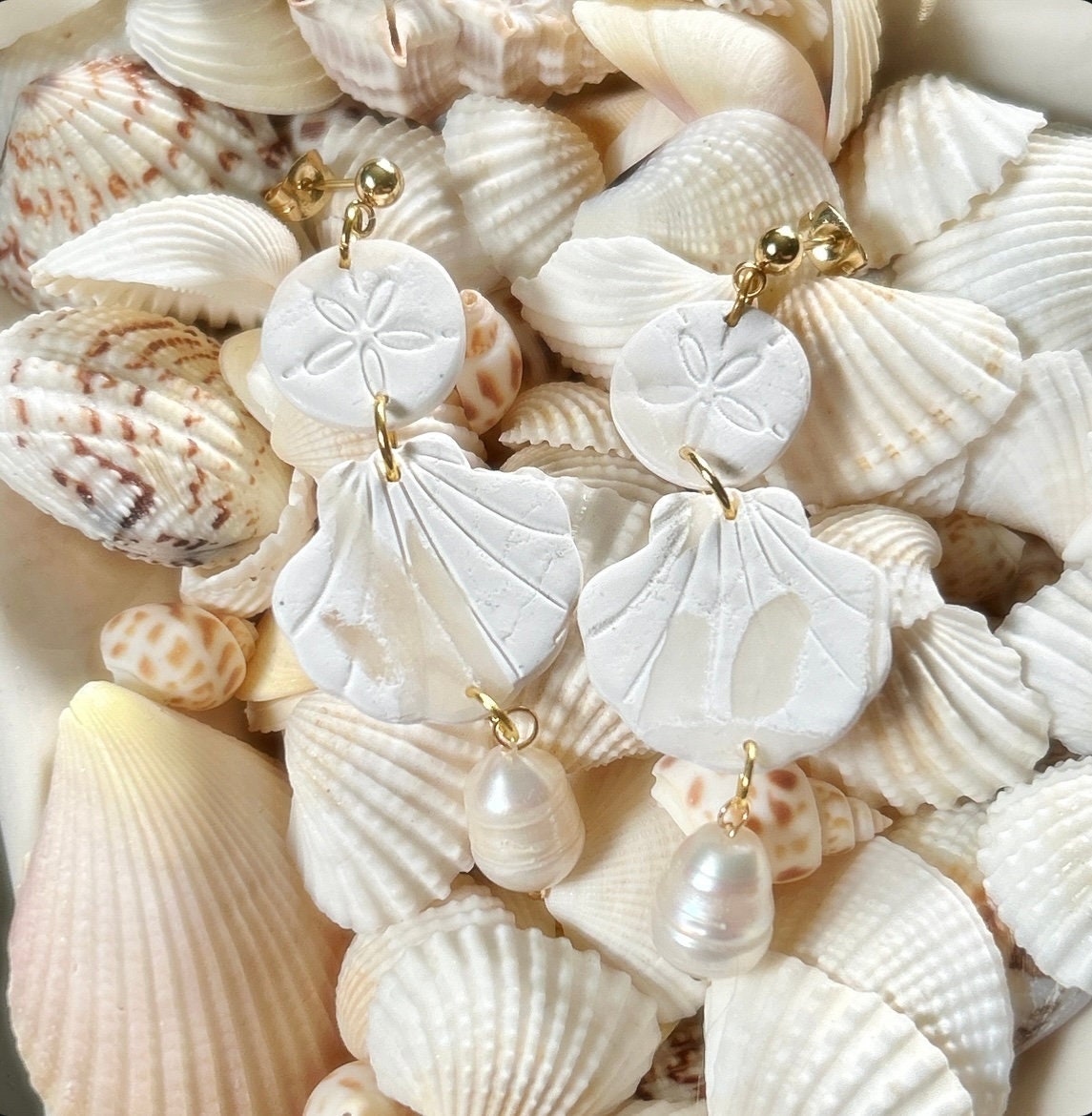 Seashell Earrings, Coastal Vacation Dangles, Beachy Sand Dollar Pearl Handmade Clay Jewelry Gift
