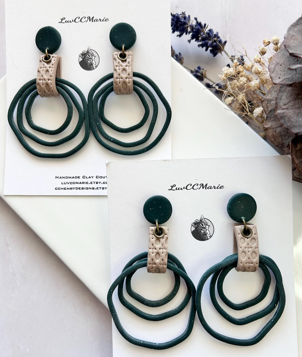 Dark Green Hoop Earrings, Forest Green Large Thin Hoops, Long Hanging Art Nouveau Drops, Unique Artisanal Dangles