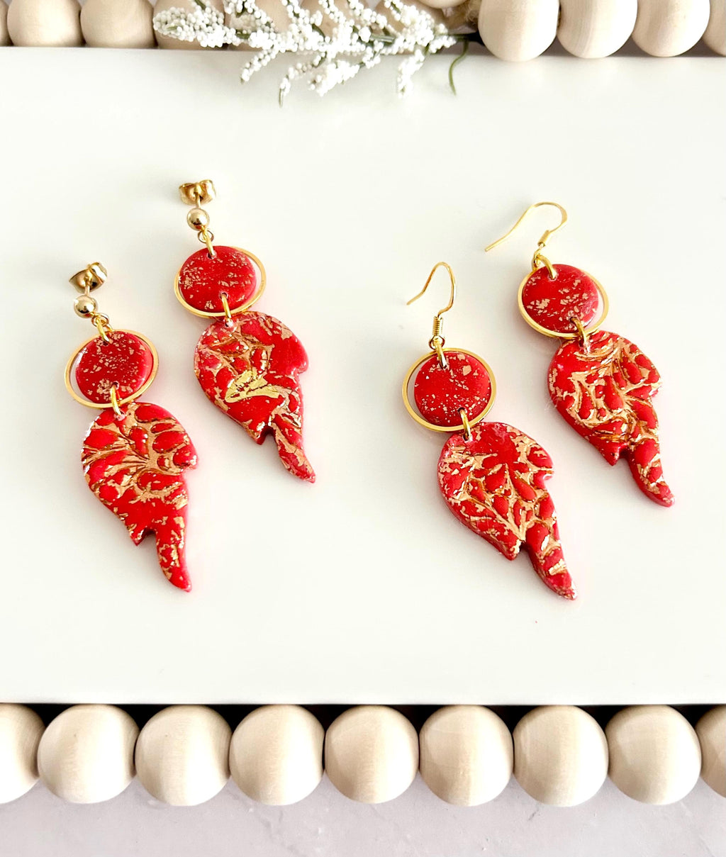 Fire Year Earrings, Red and Gold Flames, Lightweight Clay Drop Dangles