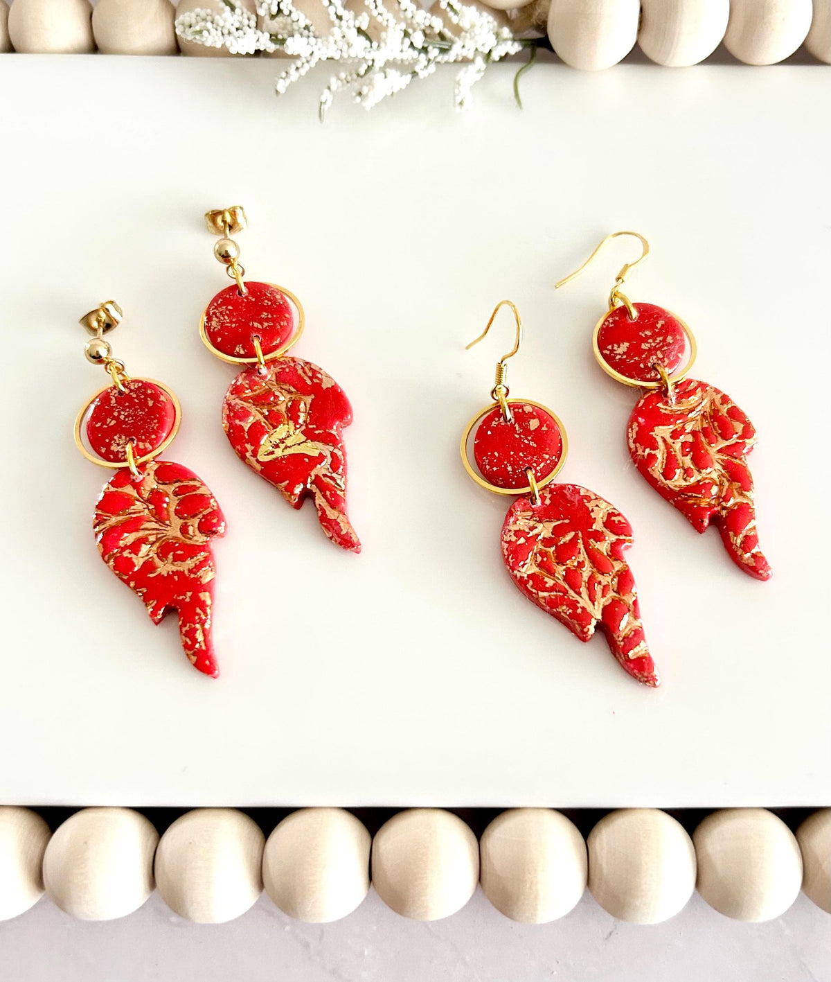 Fire Year Earrings, Red and Gold Flames, Lightweight Clay Drop Dangles